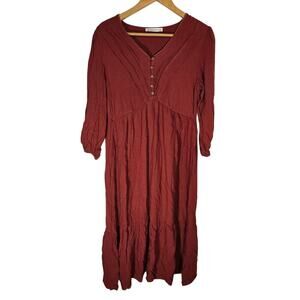 RusttyDustty Rust Orange Teired Pintucked Maxi Dress 2XL Blouson Sleeves Boho